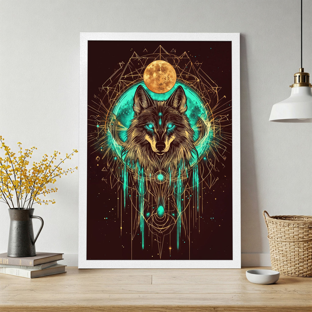 Framed Poster featuring a wolf with teal eyes, geometric style, and a dark brown, teal, and gold color palette.