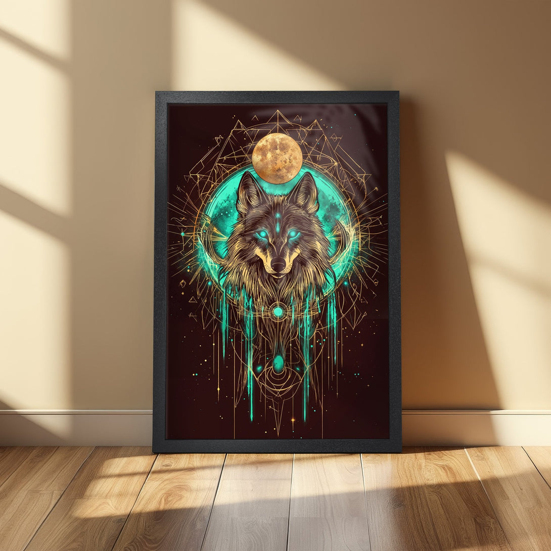 Framed Poster featuring a wolf illustration in a geometric style with teal and gold accents, perfect wall art.