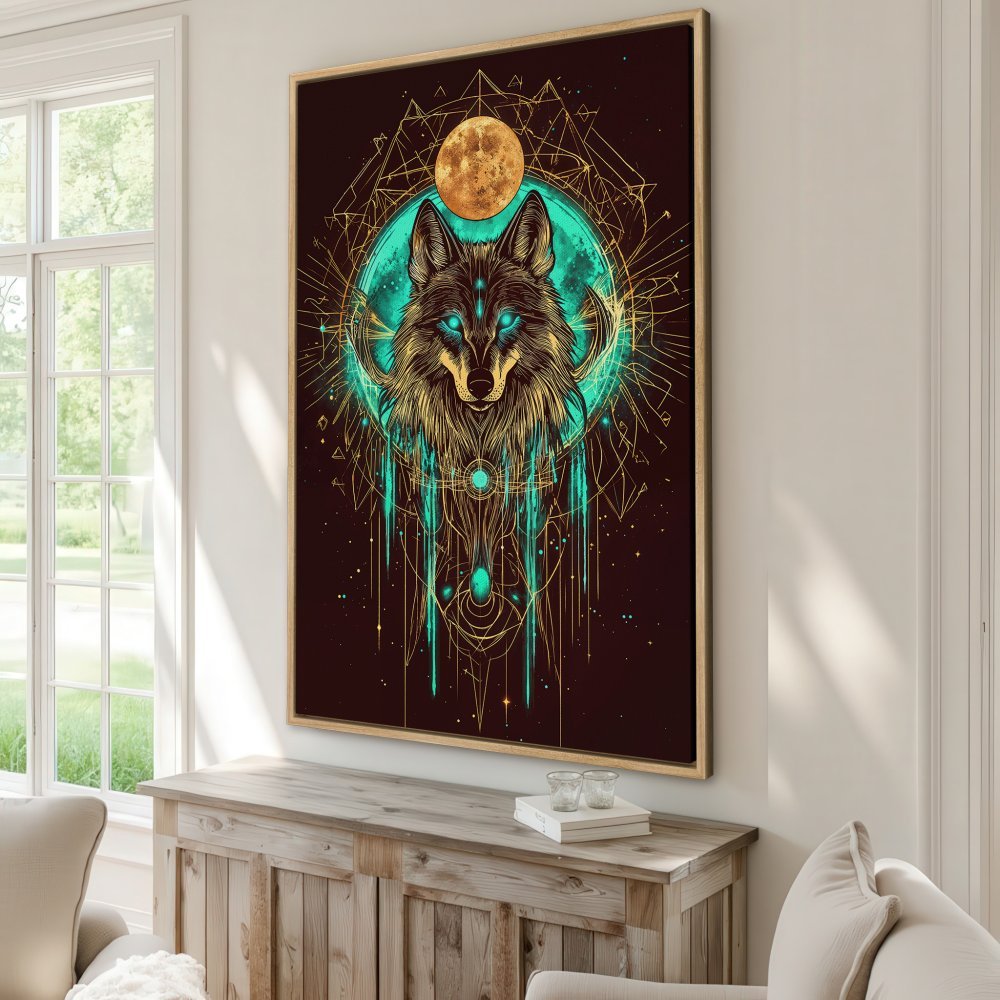 Framed Wall Art: Mystical wolf art print with teal and gold accents. Perfect for adding a touch of modern boho style to your home decor.
