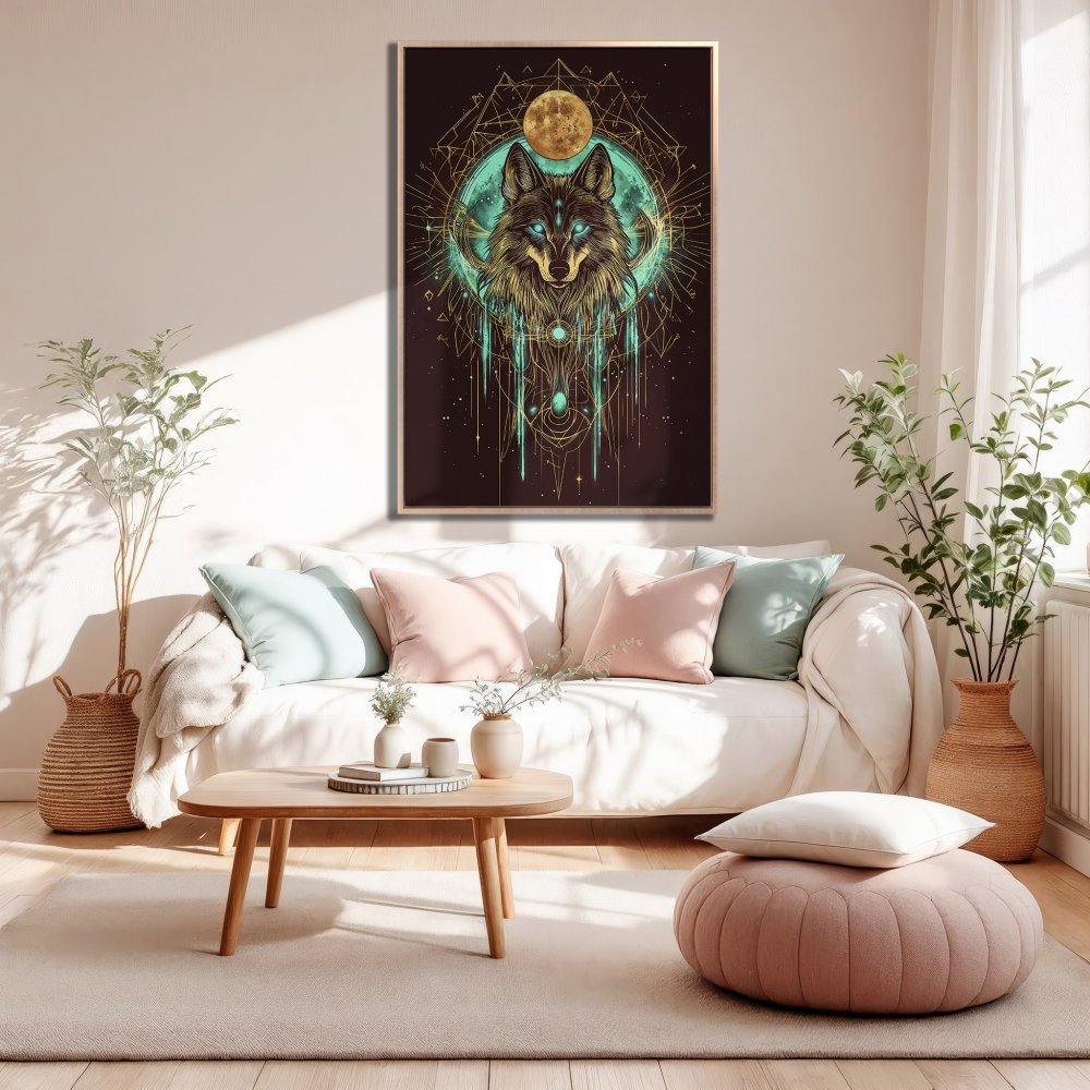 Framed Wall Art featuring a mystical wolf illustration in teal and gold. Perfect for adding a touch of boho style to your living room.