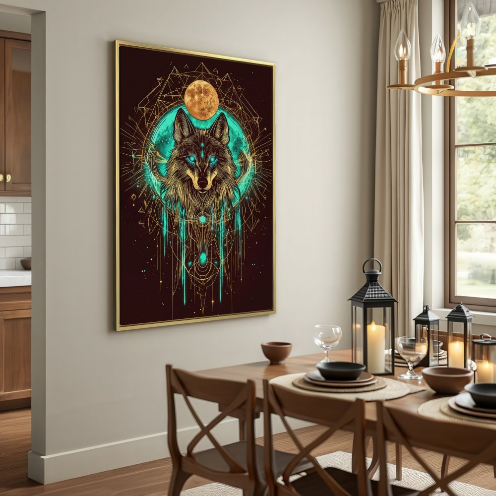 Canvas Print of a mystical wolf with teal & gold accents. Modern art for your home. Add a touch of magic!