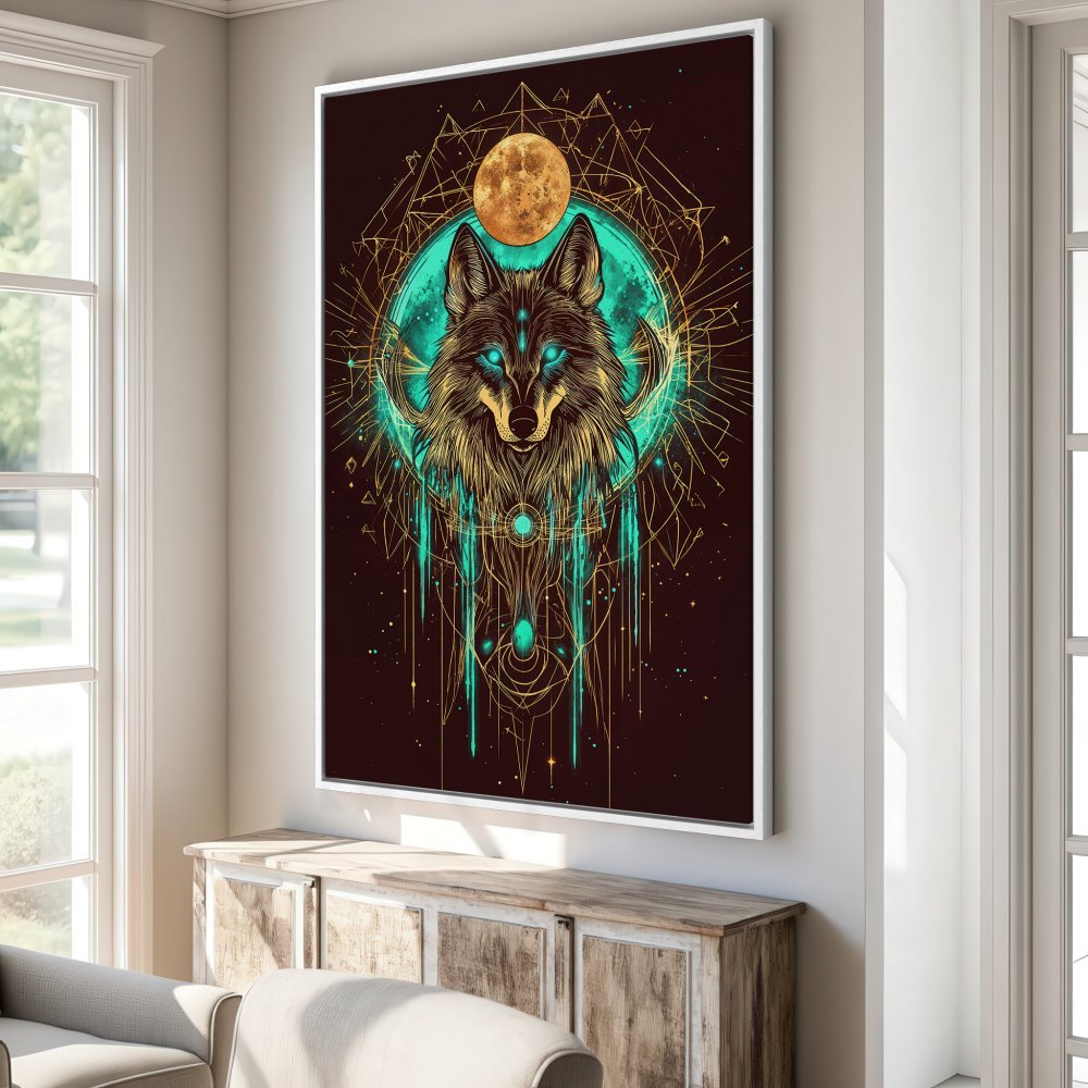 Framed Wall Art: Mystical wolf art print with teal, gold, and brown color palette. Modern decor for your home. Shop now!