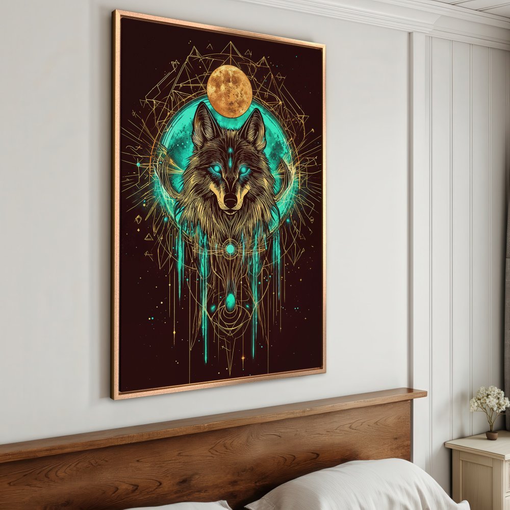 Framed Wall Art: Mystical wolf art print in teal and gold, perfect for modern home decor. Add a touch of magic to your space!