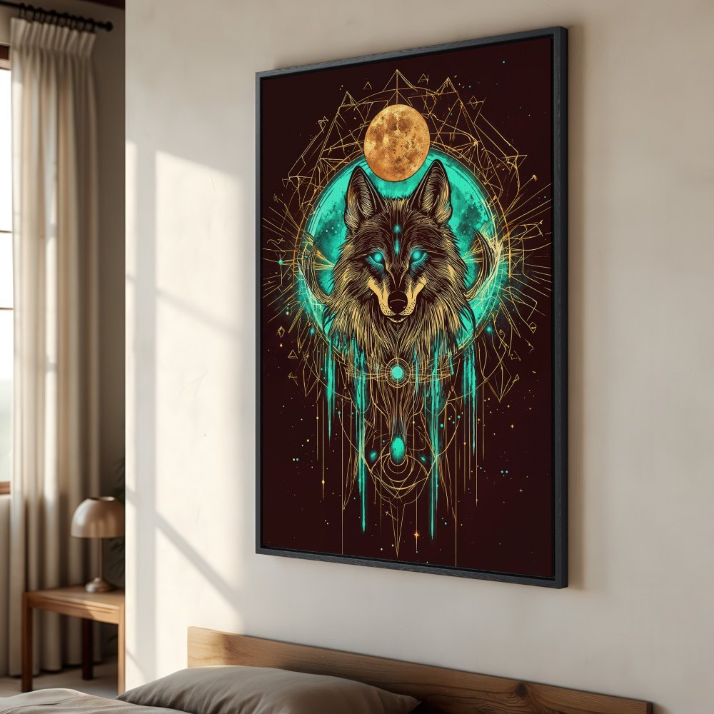Framed Wall Art: Mystic wolf art print with teal and gold accents. Perfect for modern home decor. Shop now and elevate your space!