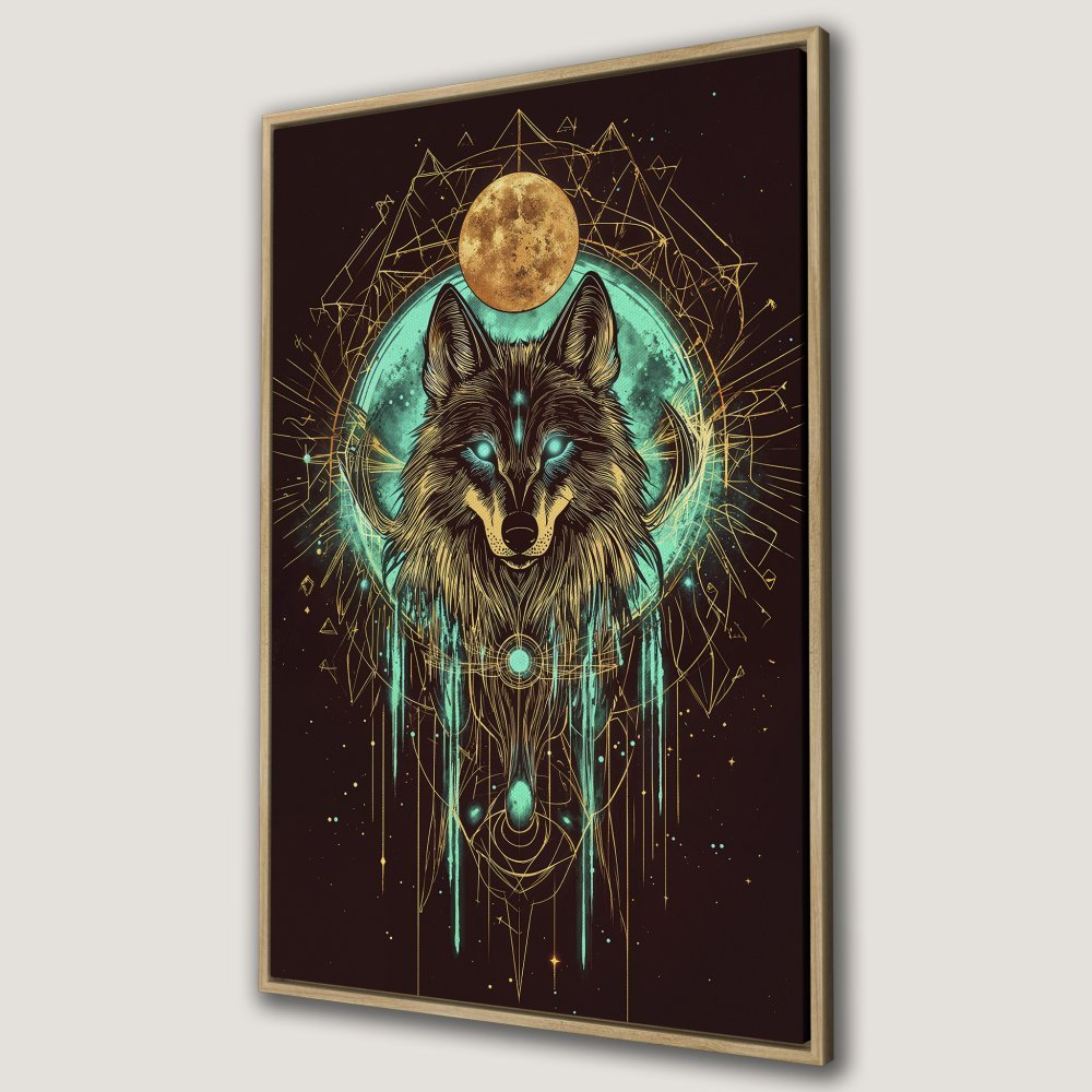 Framed Wall Art: Mystical wolf art print with teal, gold, and brown color palette. Perfect for adding a touch of boho style to your home decor.