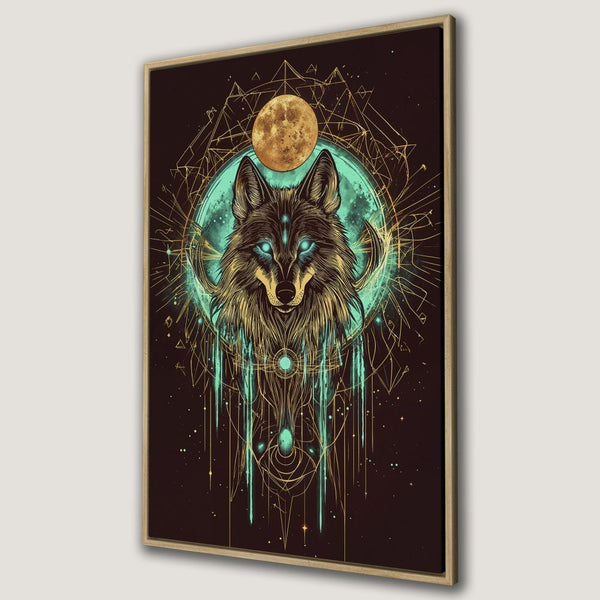 Framed Wall Art: Mystical wolf art print with teal, gold, and brown color palette. Perfect for adding a touch of boho style to your home decor.