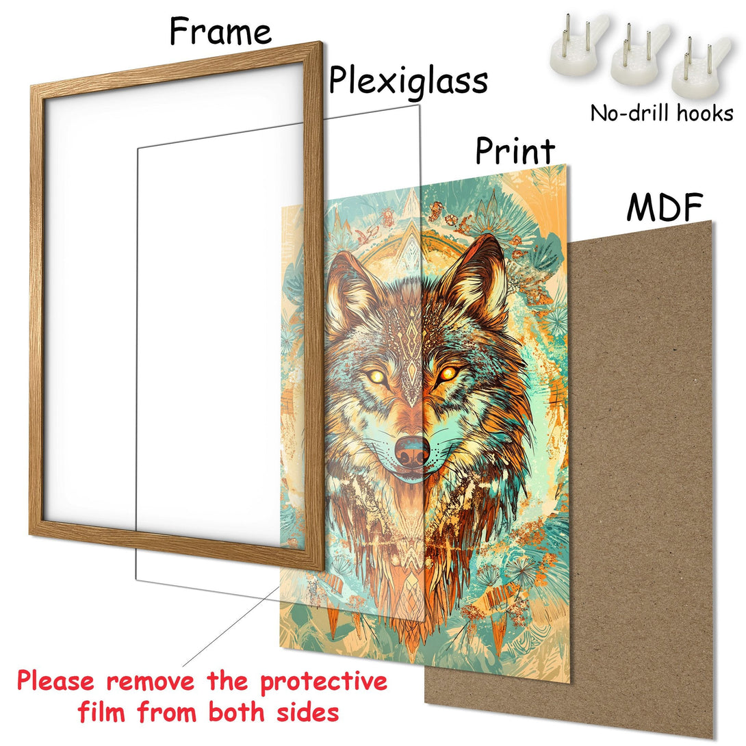 Framed Poster featuring a wolf illustration in vibrant teal, orange, and brown tones. Perfect wall art for your home!