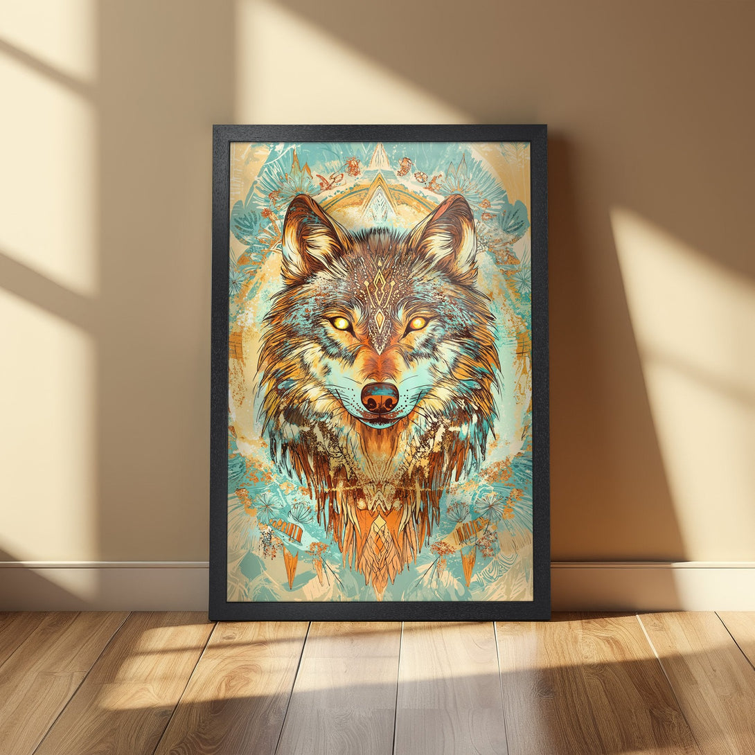 Framed Poster featuring a detailed wolf illustration in a vibrant teal, gold, and brown color palette. Perfect wall art!