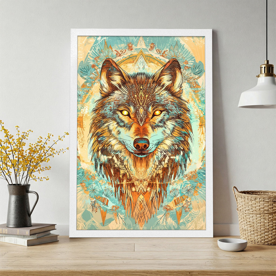 Framed Poster featuring a majestic wolf illustration in an artistic style with teal, orange, and gold color palette. Perfect wall art!