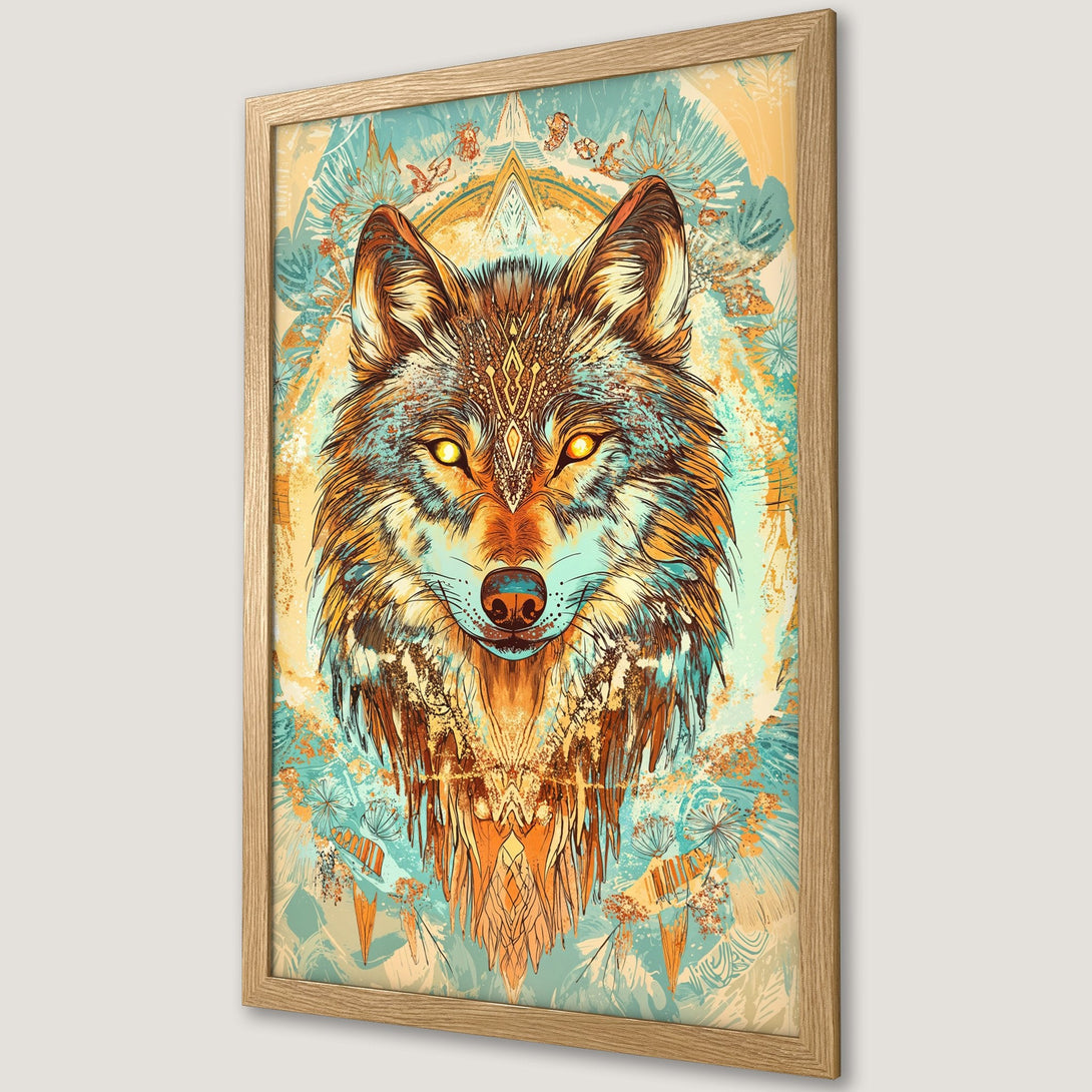 Framed Poster featuring a detailed wolf illustration in a vibrant, bohemian style. Earthy tones of brown, teal, and gold create a captivating artwork.