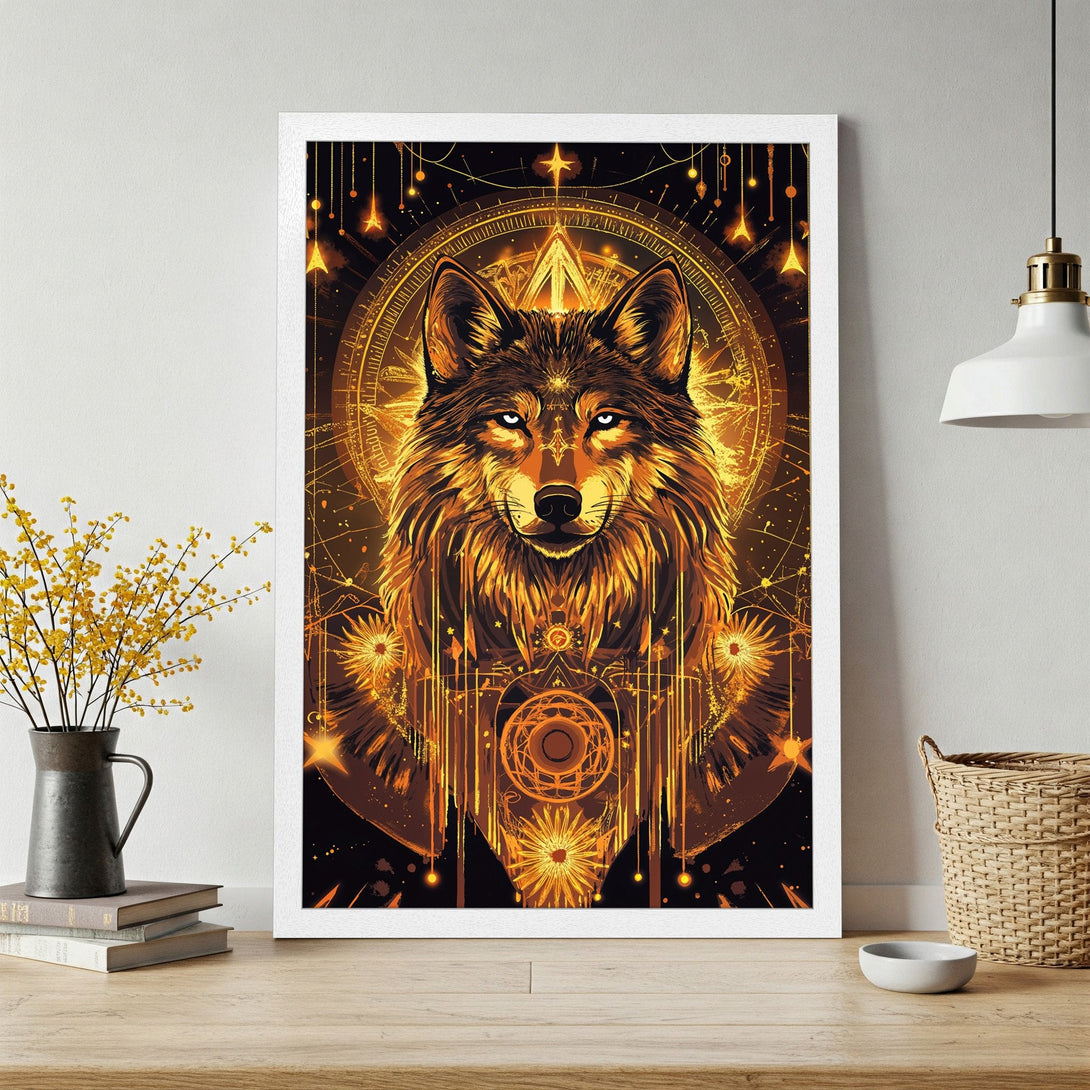 Framed Poster featuring a majestic wolf, mystical art style, with a warm, golden color palette. Perfect wall art!