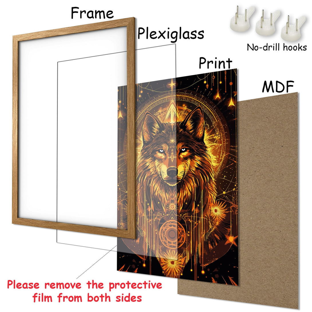 Framed Poster featuring a wolf in a mystical style with a warm, golden color palette. Perfect wall art!