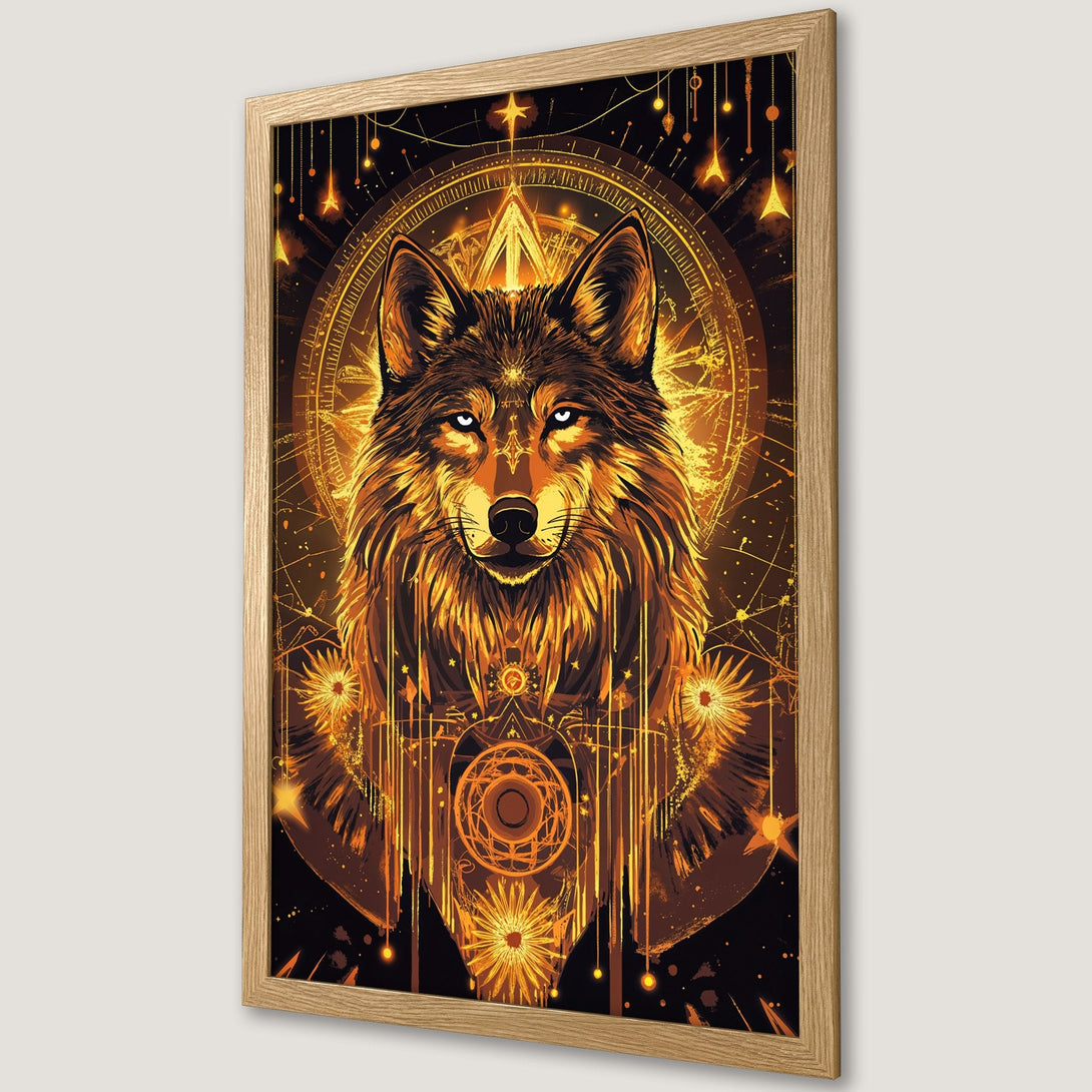 Framed Poster featuring a majestic wolf in a mystical, golden style. Stunning artwork with a warm, earthy color palette. Perfect home decor!