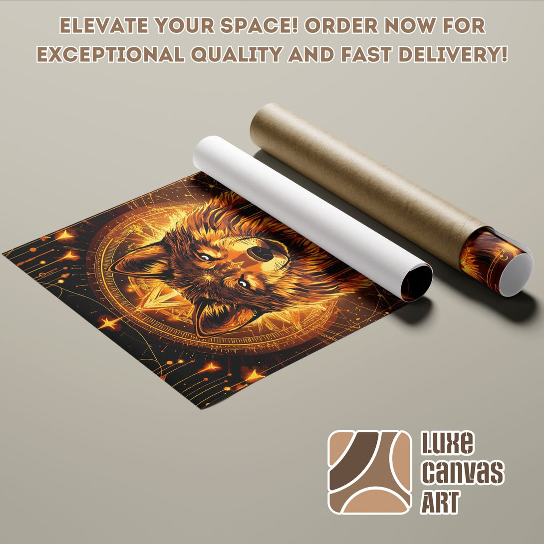Poster Roll featuring a detailed wolf illustration in warm gold and black tones. Perfect wall art for your space!