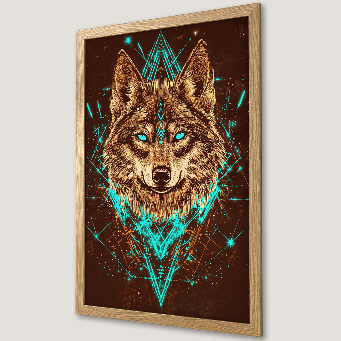 Framed Poster featuring a wolf head in a geometric style. Brown, teal, and gold color palette. Perfect wall art for any space!