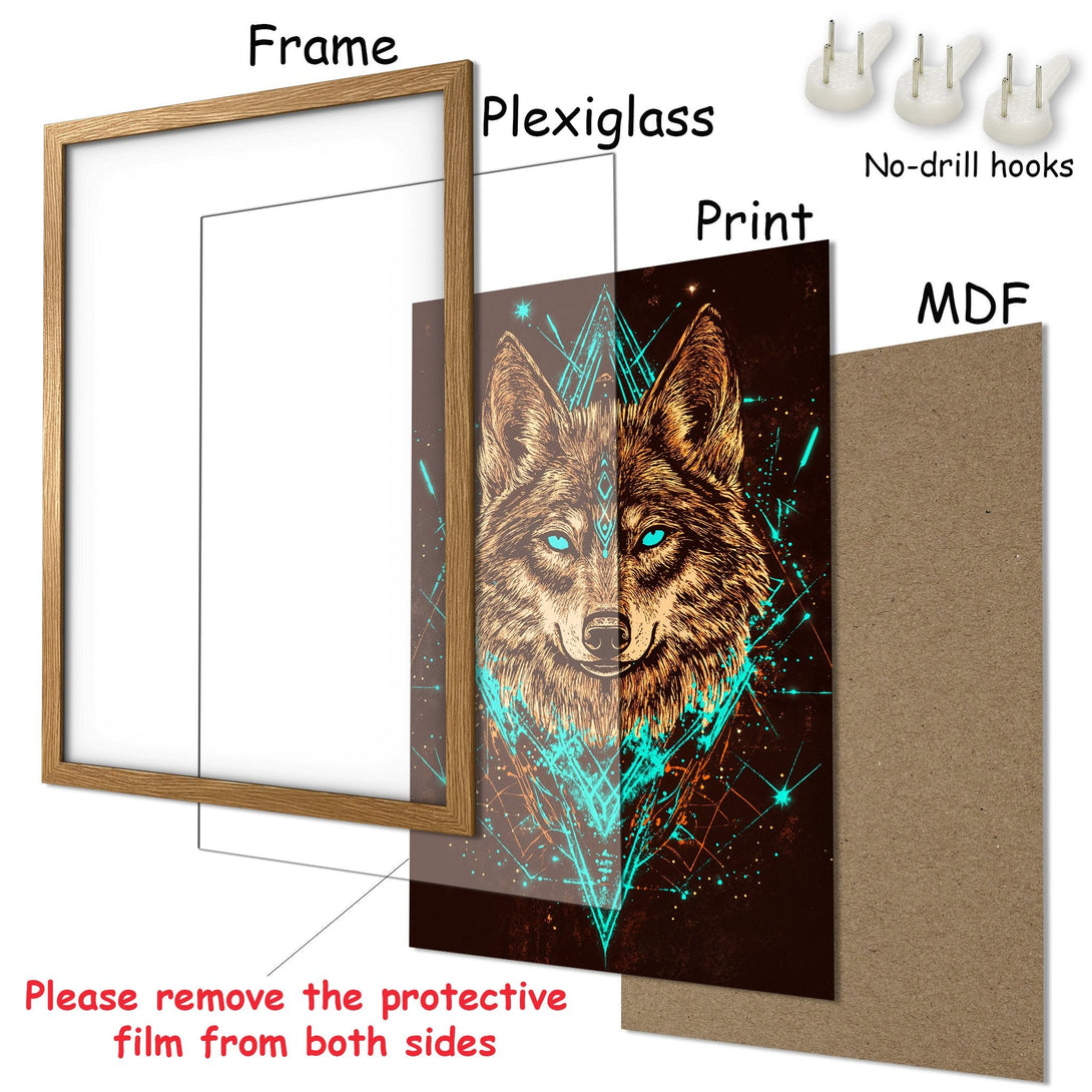 Framed Poster featuring a wolf with a geometric style and a brown, teal, and orange color palette. Perfect wall art!