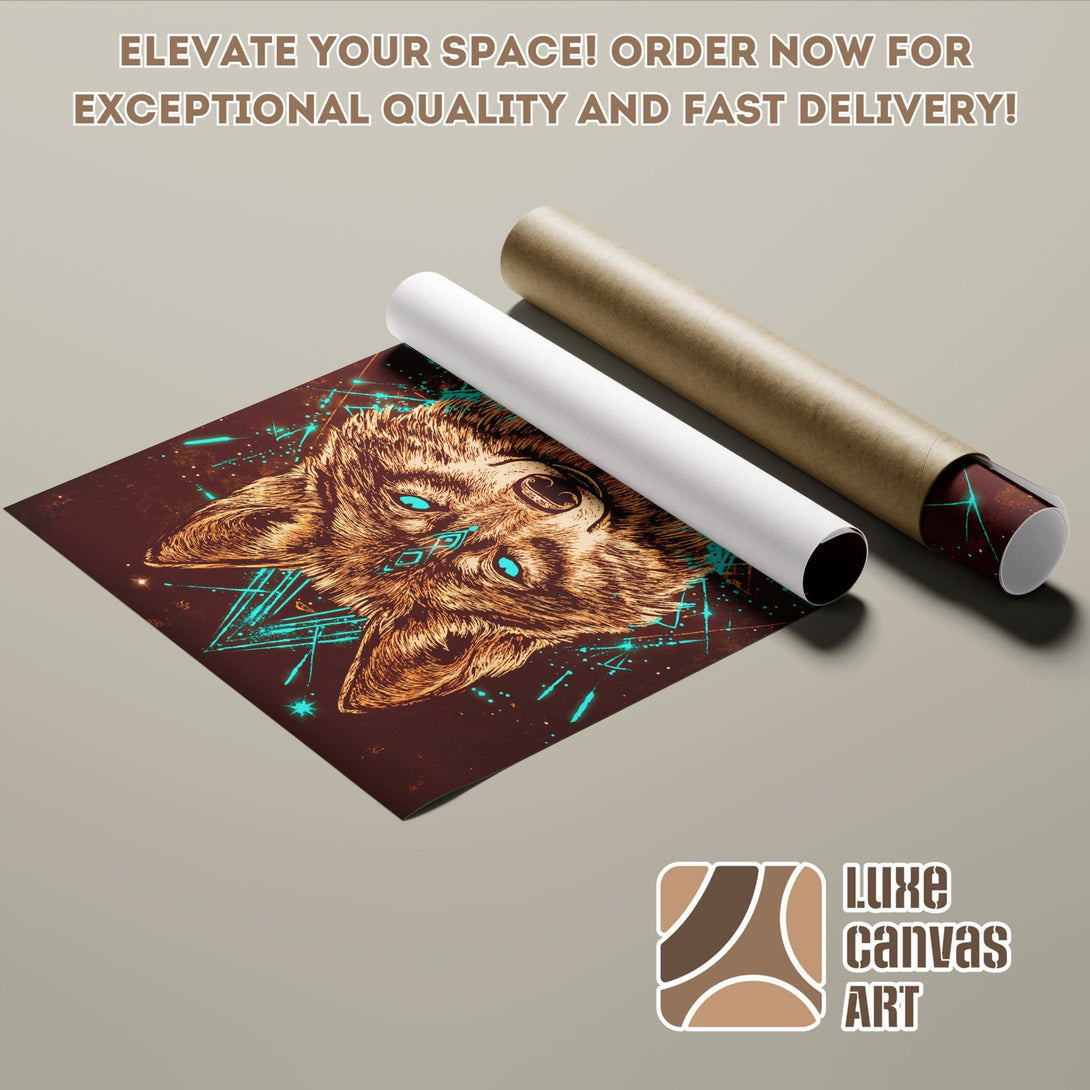 Poster Roll featuring a wolf illustration with teal accents, in a brown and teal color palette. Order yours today!