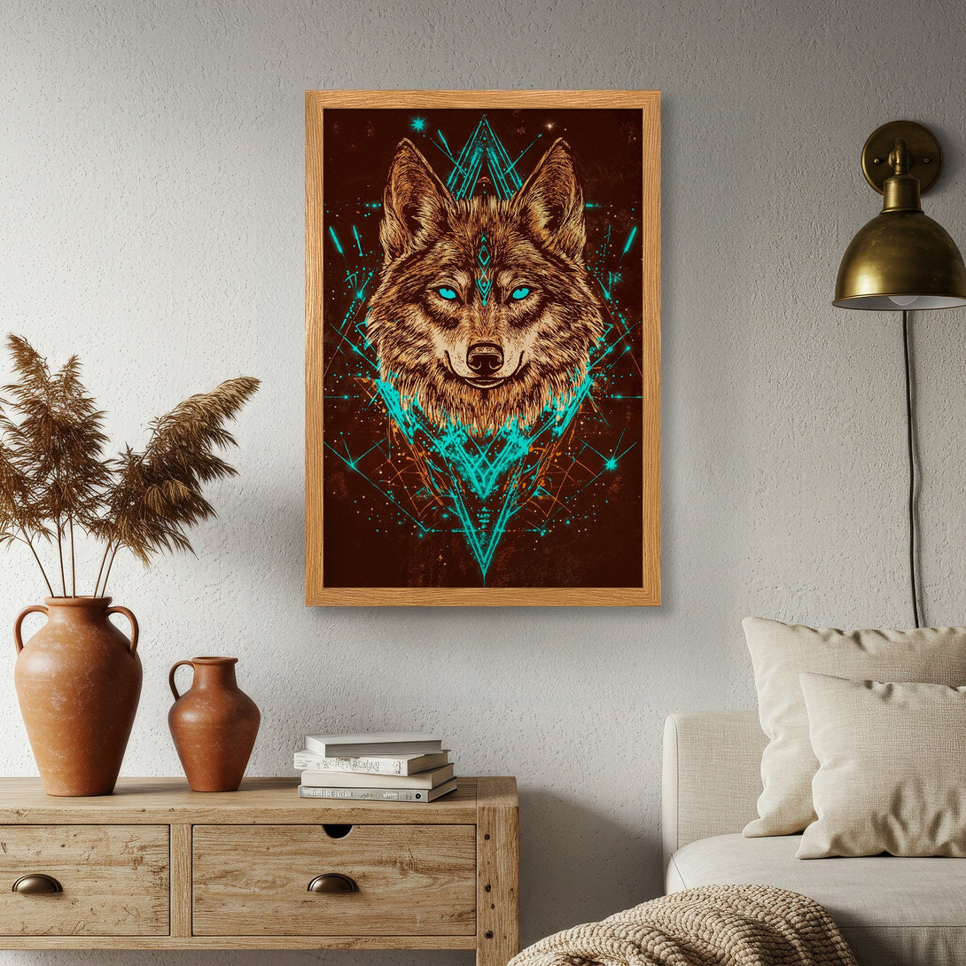 Framed Poster featuring a wolf with geometric design, in brown and teal colors. Perfect wall art!