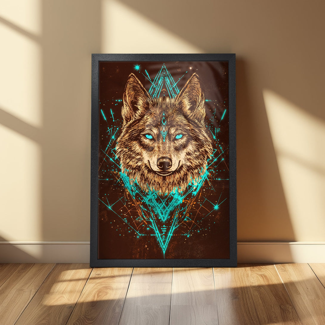 Framed Poster featuring a wolf illustration in a geometric style with teal and brown color palette. Add this stunning art to your home!