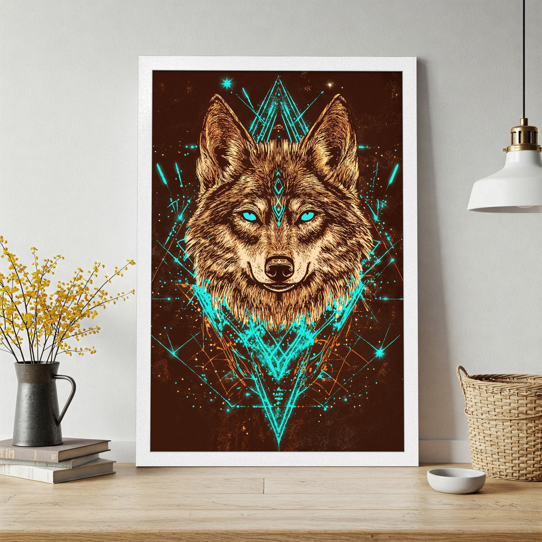 Framed Poster featuring a wolf head with geometric design. Stylish art in brown, teal, and gold color palette. Perfect wall decor.