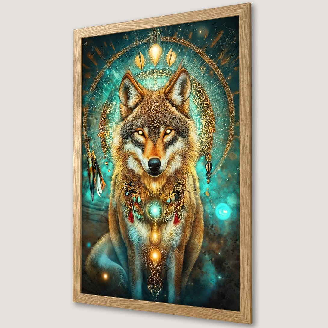 Framed Poster featuring a mystical wolf illustration in a teal and gold color palette, perfect for adding a touch of magic to your space.