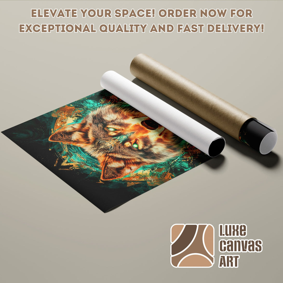 Wolf art poster roll, vibrant teal and orange color palette, abstract style. Elevate your space with Luxe Canvas Art!