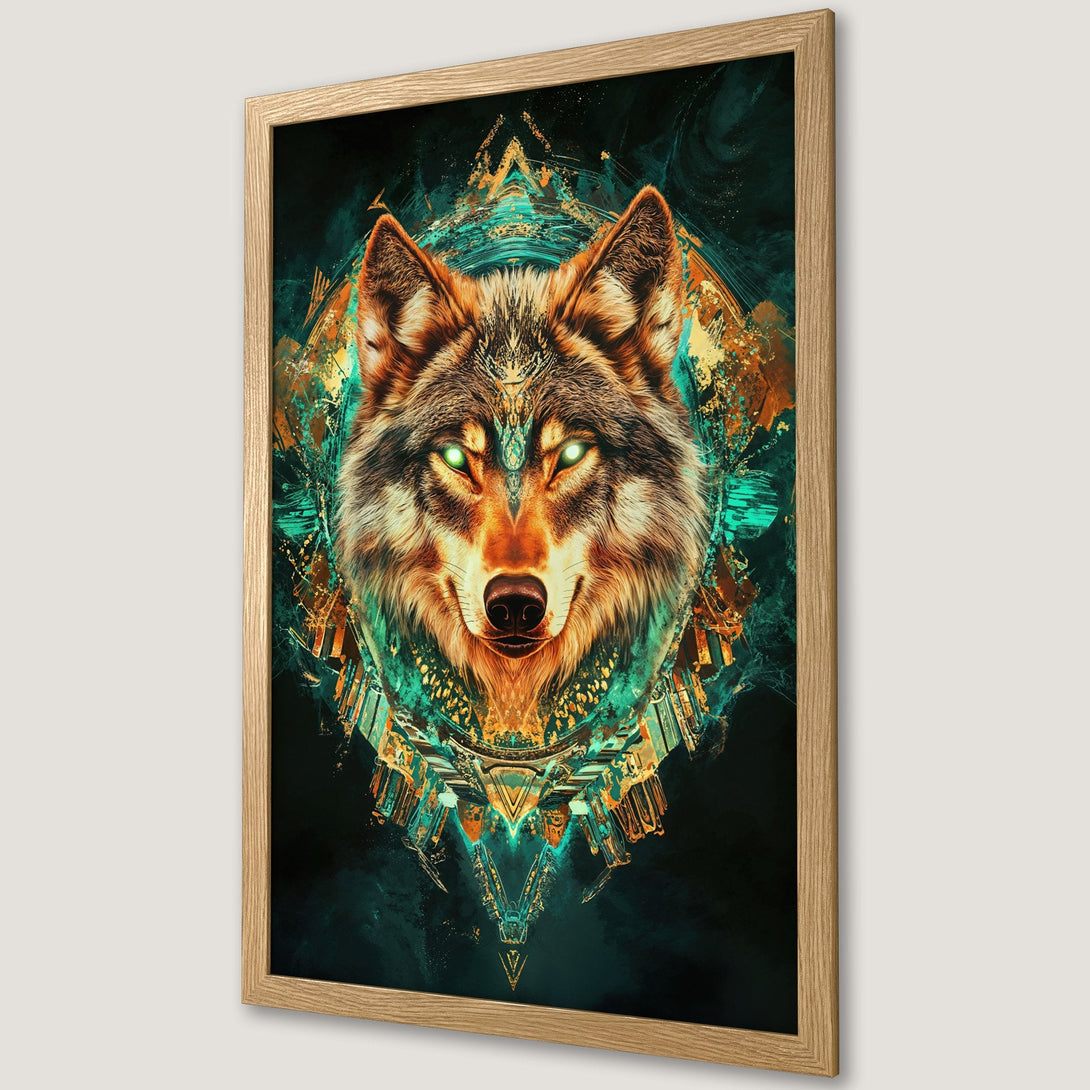 Framed Poster featuring a wolf head in a vibrant, abstract style with teal, orange, and gold accents. Perfect wall art for any space!