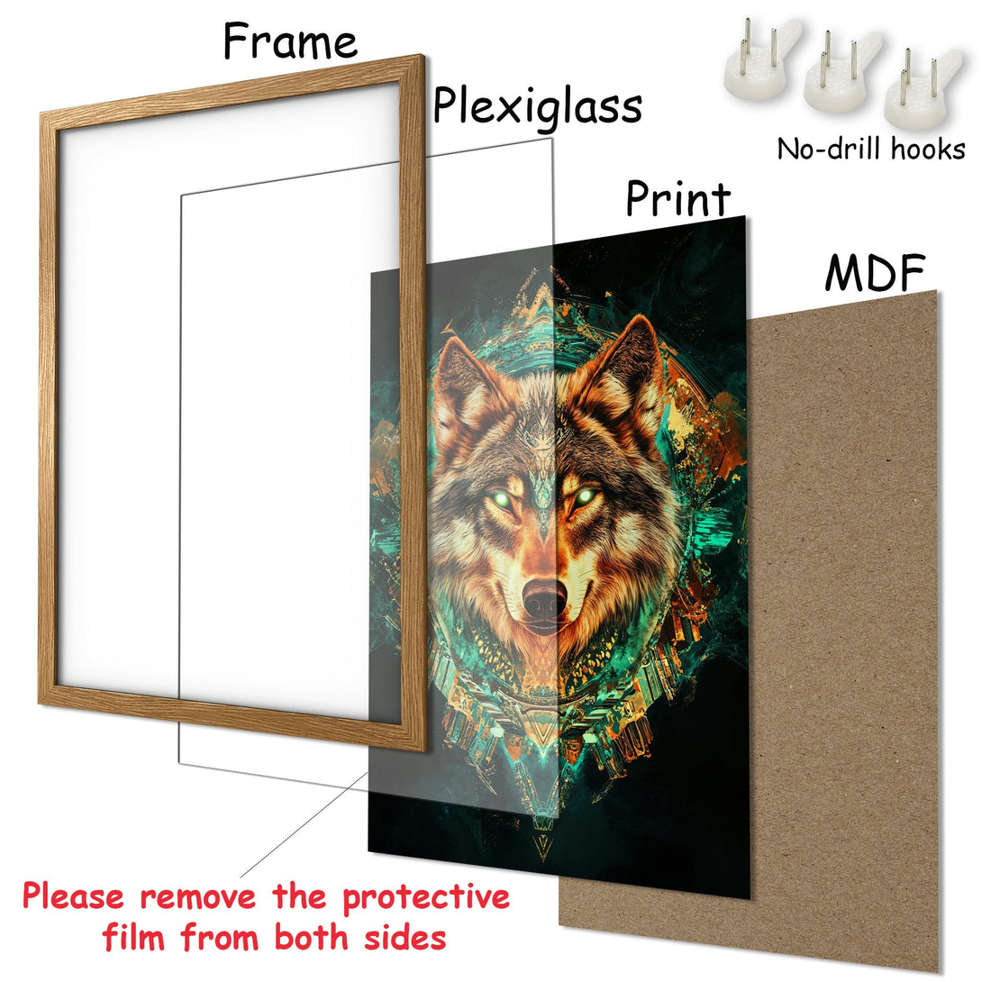 Framed Poster featuring a wolf in a vibrant, artistic style with a dark teal and gold color palette. Perfect wall art!