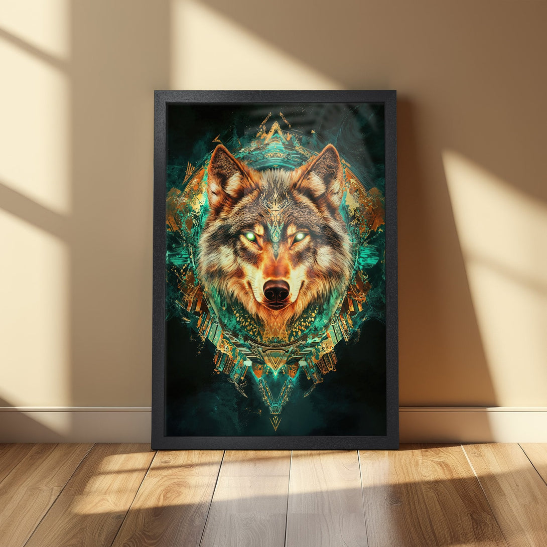 Framed Poster featuring a majestic wolf in a vibrant, abstract style with teal, orange, and black color palette. Perfect wall art!