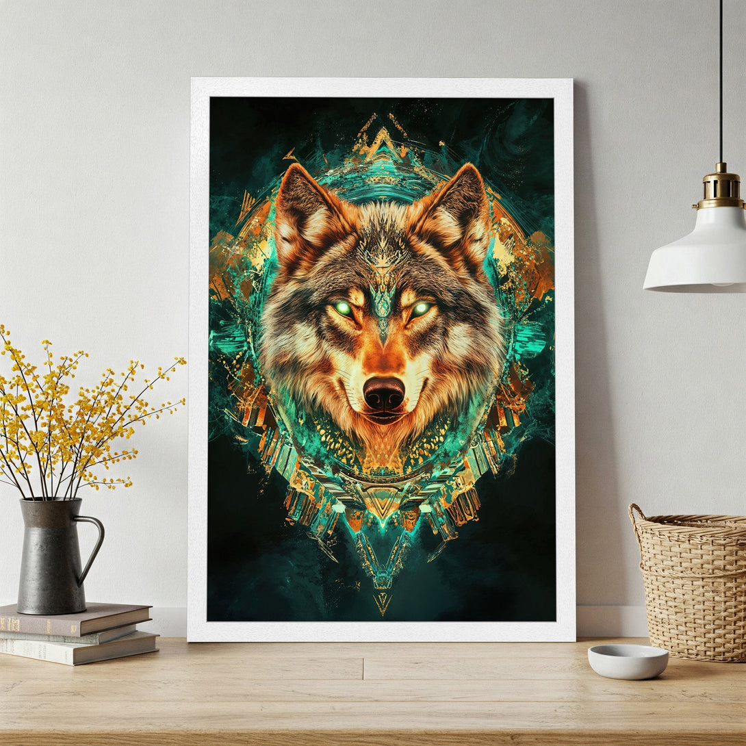 Framed Poster featuring a wolf head in a geometric, abstract style with teal, orange, and gold accents. Add this stunning art to your home!