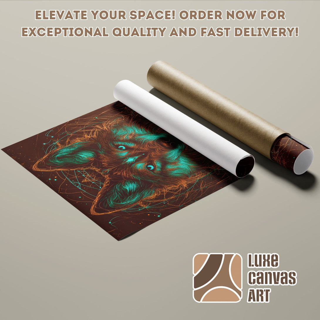 Poster Roll featuring a vibrant wolf art print with teal and orange accents on a brown background. Elevate your space!