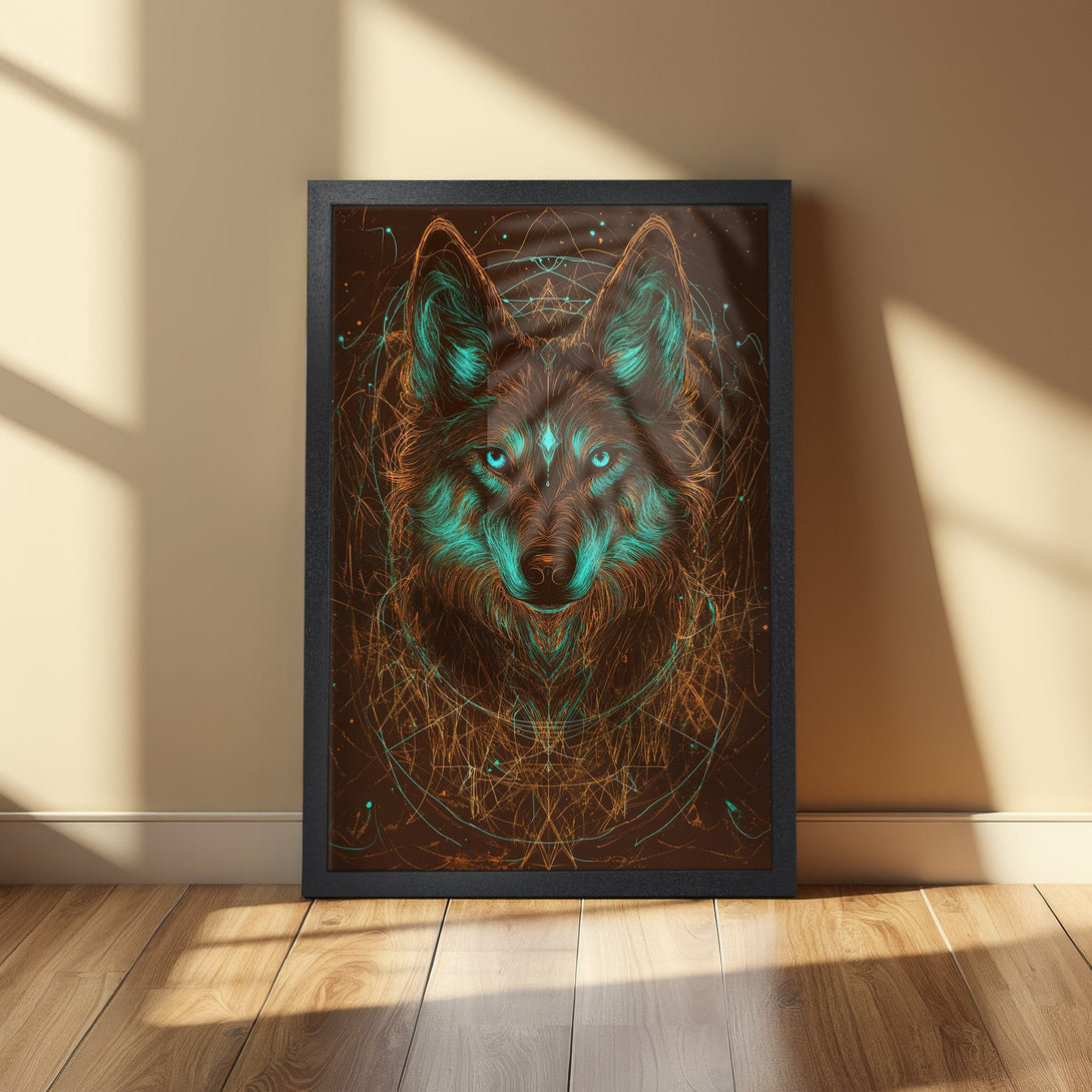 Framed Poster featuring a wolf illustration in teal and orange. Abstract art style, perfect wall decor.