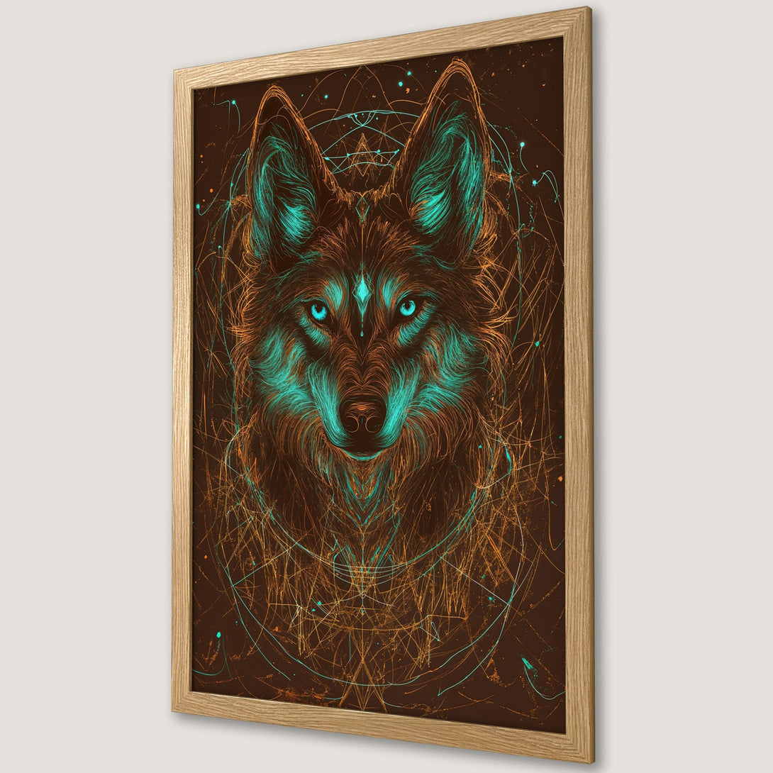 Framed Poster featuring a wolf illustration in a detailed, geometric style with a brown, teal, and orange color palette. Perfect wall art.