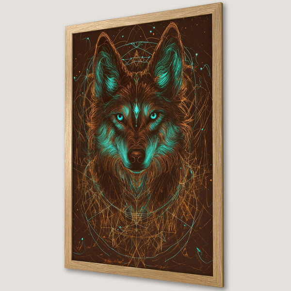 Framed Poster featuring a wolf illustration in a detailed, geometric style with a brown, teal, and orange color palette. Perfect wall art.