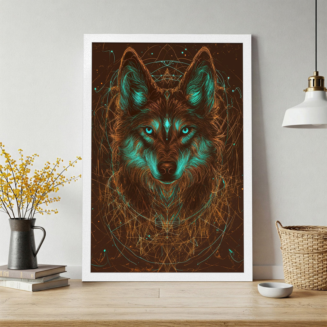 Framed Poster featuring a striking wolf illustration in teal and orange hues, perfect for modern decor.
