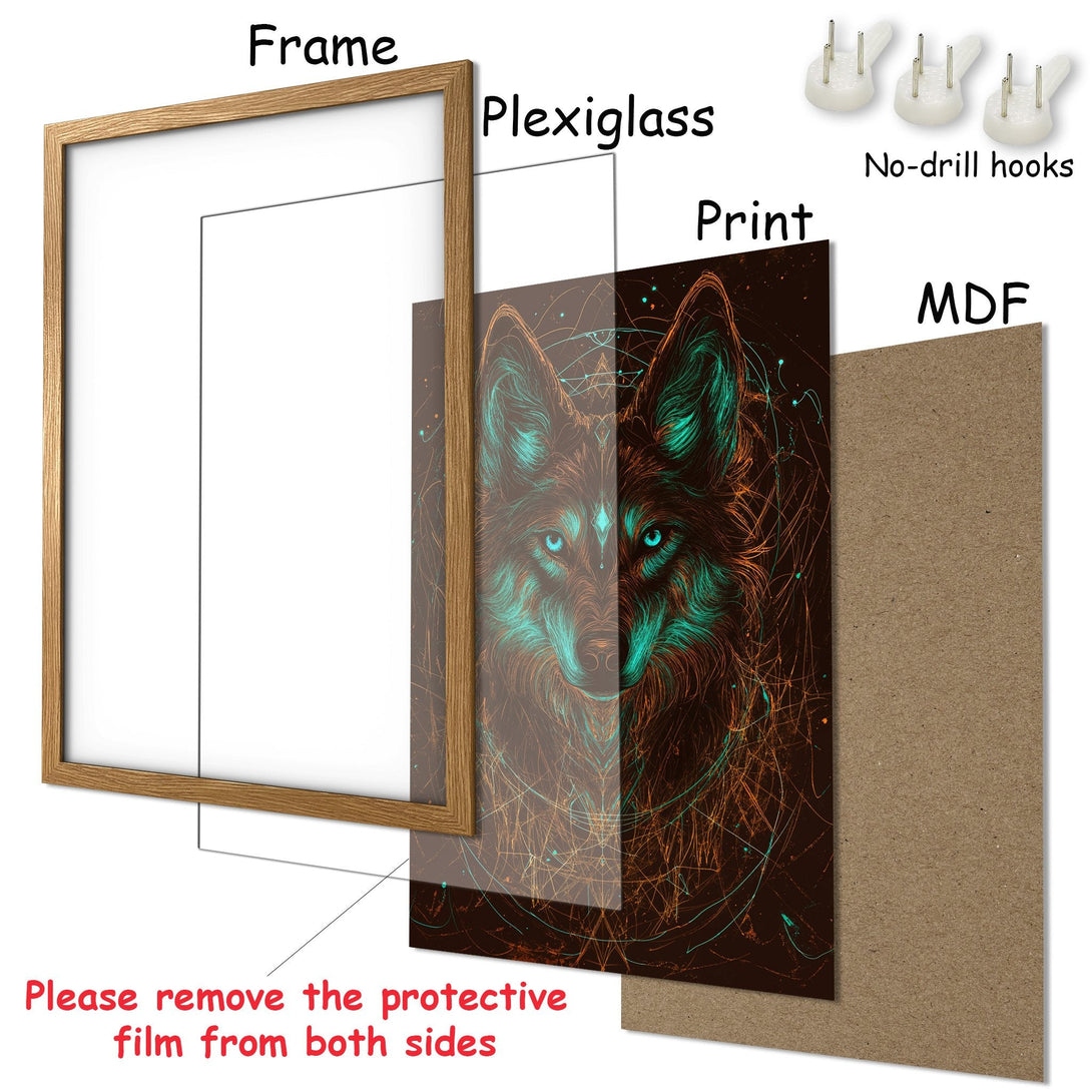 Framed Poster featuring a wolf in a striking neon style with teal and orange accents on a dark background. Perfect wall art!