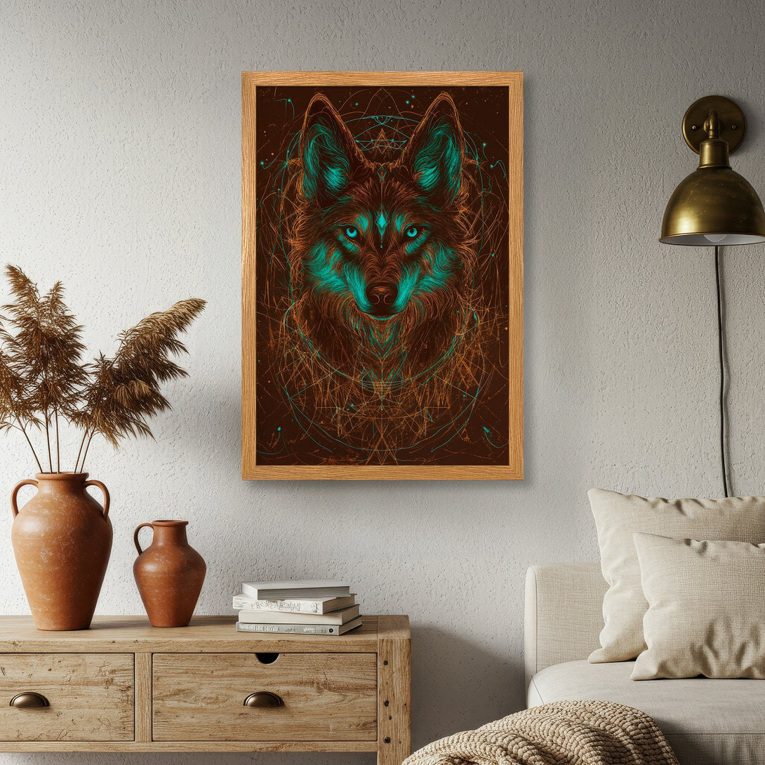 Framed Poster featuring a stylized wolf portrait in teal and orange tones. Perfect wall art for a modern home.