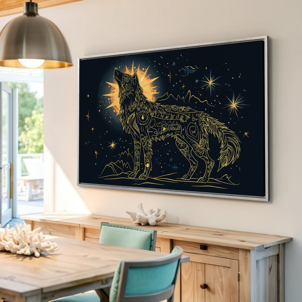 Framed Wall Art: Stunning wolf illustration in gold on a dark blue canvas. Perfect for adding a touch of mystic art to your home decor. Shop now!