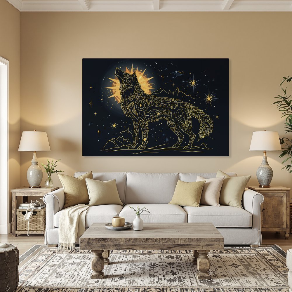 Framed Wall Art: Golden wolf howling at the moon. Celestial illustration in a minimalist style with a dark blue and gold color palette. Perfect wall decor!