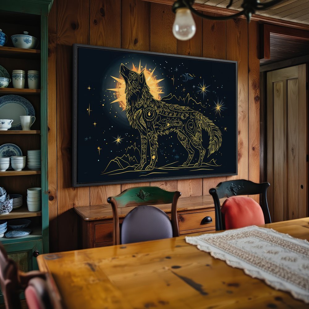 Framed Wall Art: Stunning wolf art canvas print in gold and navy, perfect for adding a touch of nature and style to your home decor.