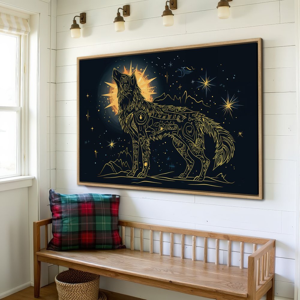 Framed Wall Art: Majestic wolf art print in gold on navy. Perfect for modern home decor. Shop now!