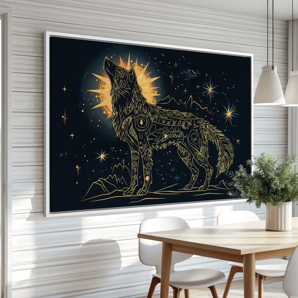 Framed Wall Art: Stunning wolf art print in a celestial style, featuring gold accents on a dark blue background. Elevate your space with this unique canvas print!