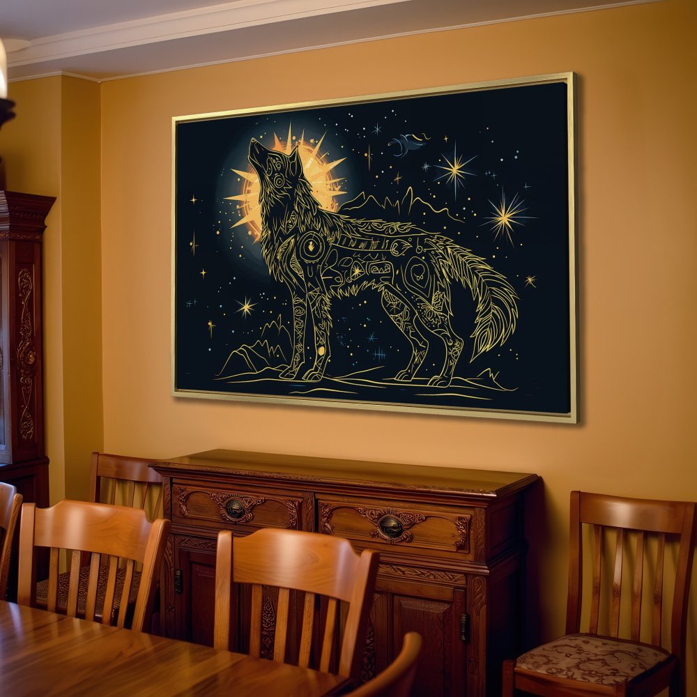 Canvas Print of a howling wolf in a celestial design, gold on navy blue. Perfect wall art for a modern home.