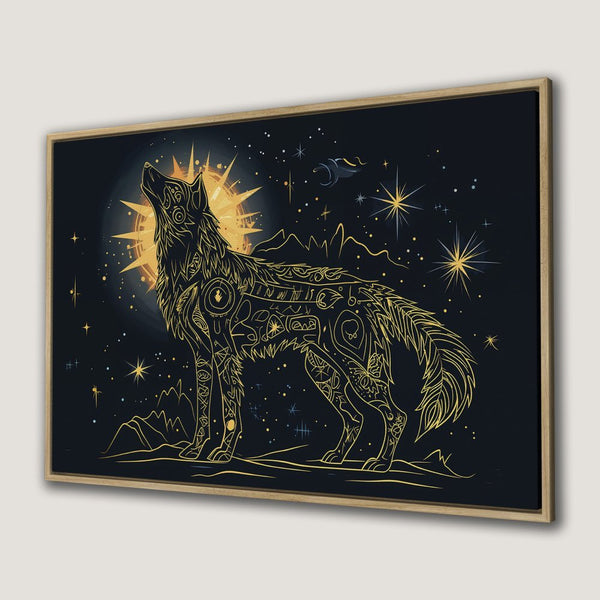 Canvas Print: Mystical wolf art in gold and navy. Celestial-themed framed wall art, perfect for adding a touch of magic to your decor.