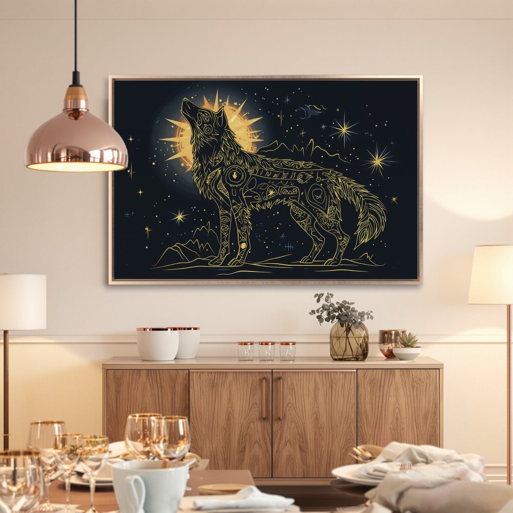 Framed Wall Art: Stunning wolf illustration in gold and black. Add a touch of celestial mystique to your space with this unique Canvas Print!