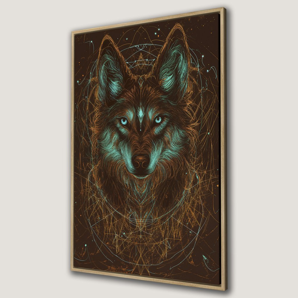 Framed Wall Art: Intricate wolf portrait in a mystical style. Earthy brown tones with teal and gold accents. Perfect for modern decor.