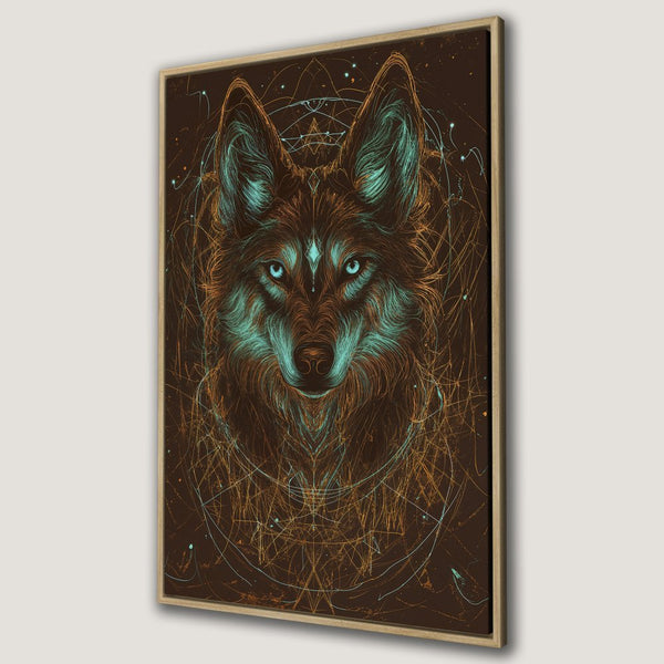 Framed Wall Art: Intricate wolf portrait in a mystical style. Earthy brown tones with teal and gold accents. Perfect for modern decor.