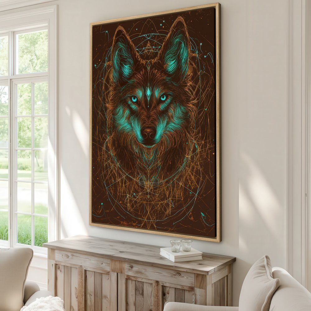 Framed Wall Art: Mystical wolf portrait in teal & gold. Add a touch of nature & style to your home with this stunning Canvas Print!