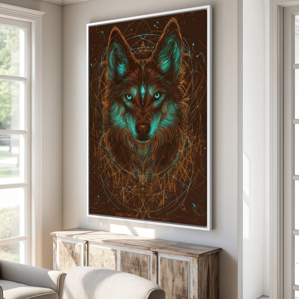 Framed Wall Art: Mystical wolf portrait in teal & copper tones. Modern art Canvas Print for living room decor.