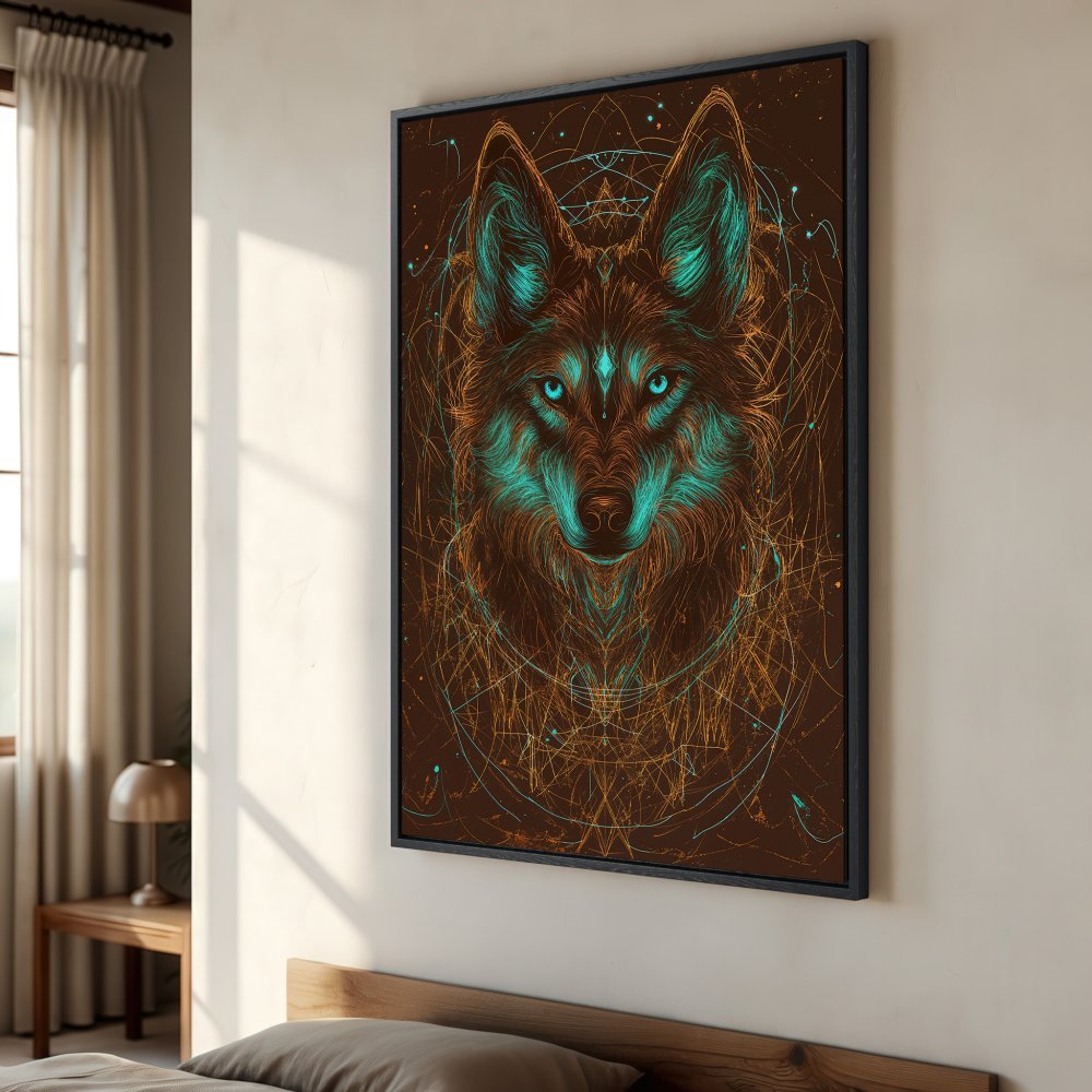 Framed Wall Art: Mystical wolf portrait in teal and copper tones. Add a touch of modern art to your space with this stunning Canvas Print!